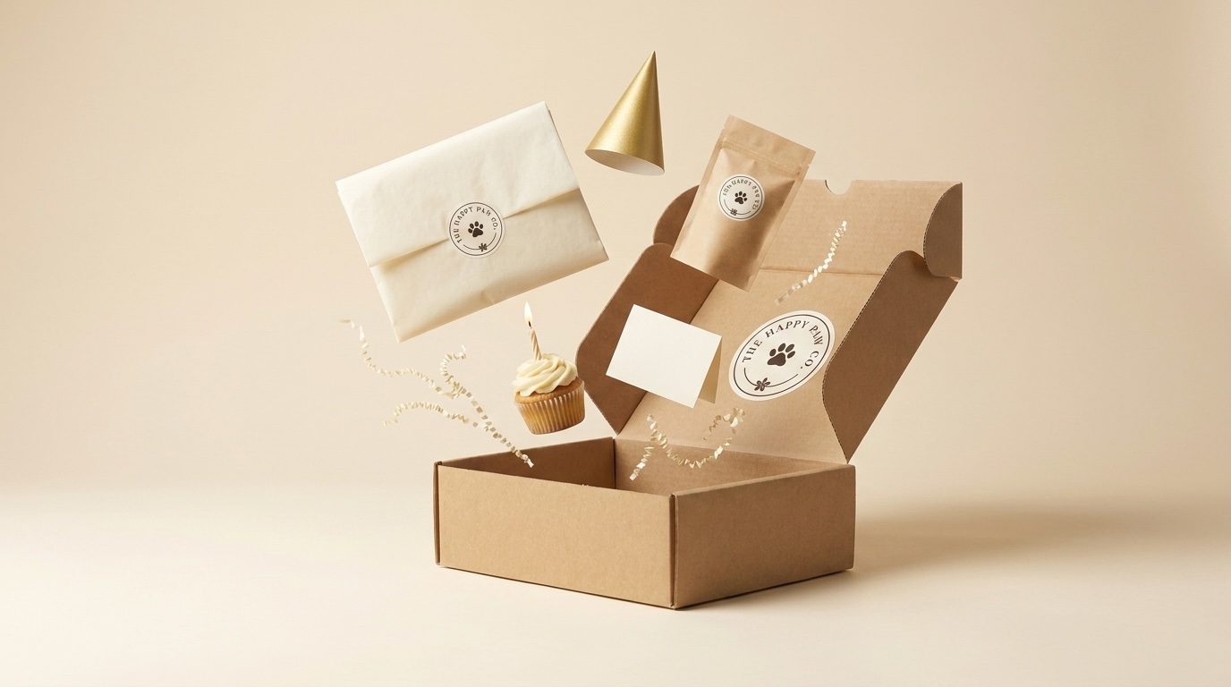 The Happy Paw Birthday Kit opened, with party hat, treats, cupcake and card floating above the box