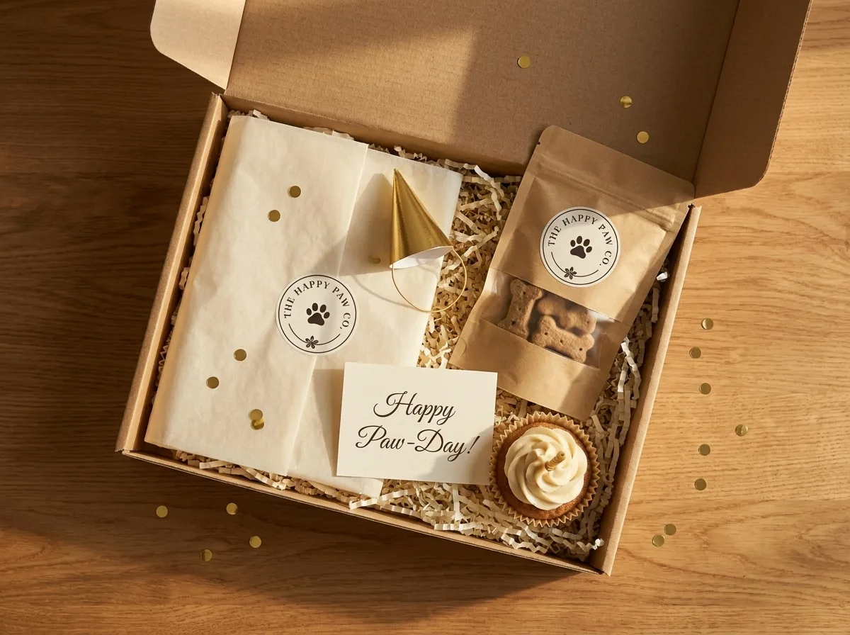 The Happy Paw birthday kit unboxed — party hat, treats, cupcake with candle, and a Happy Paw-Day card