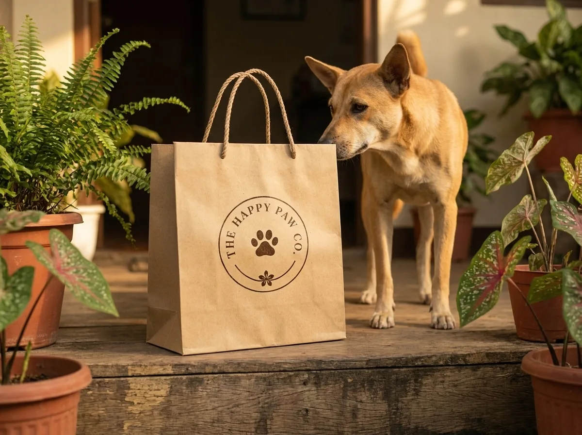 The Happy Paw kraft delivery bag with stamped seal on a doorstep, a curious aspin dog sniffing it