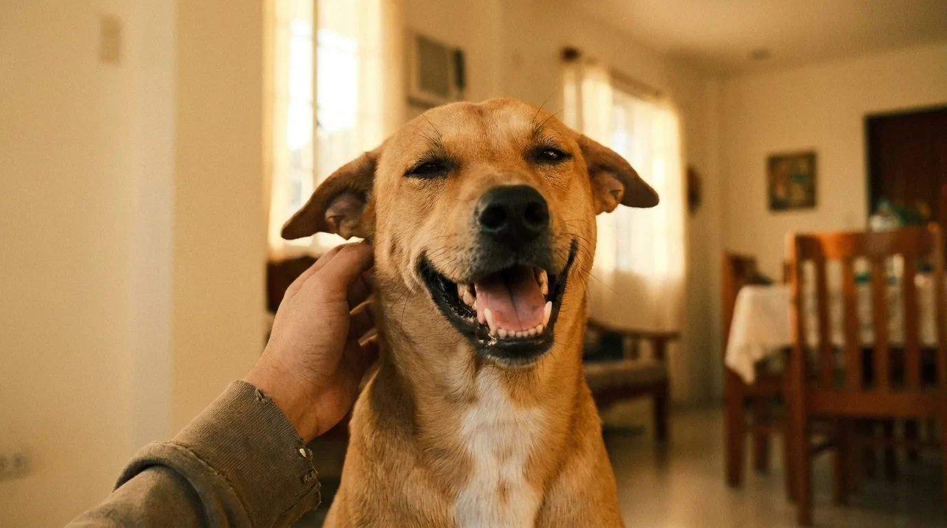 A happy aspin dog grinning at the camera while being scratched behind the ear