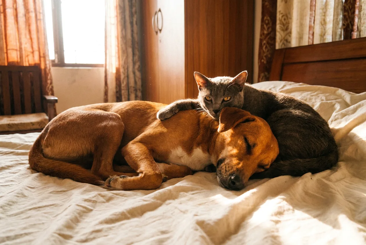A puspin cat and aspin dog napping together on an ivory bedsheet — the pets of Malaybalay deserve thoughtful care