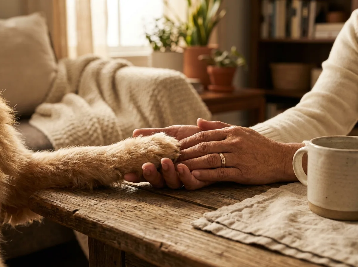 Two hands gently holding a dog's paw across a wooden table in morning light