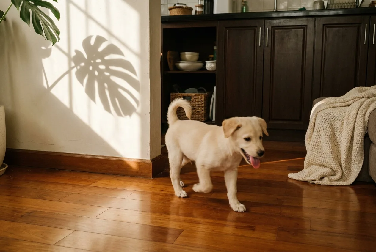 A joyful cream puppy mid-zoomies on a warm hardwood floor